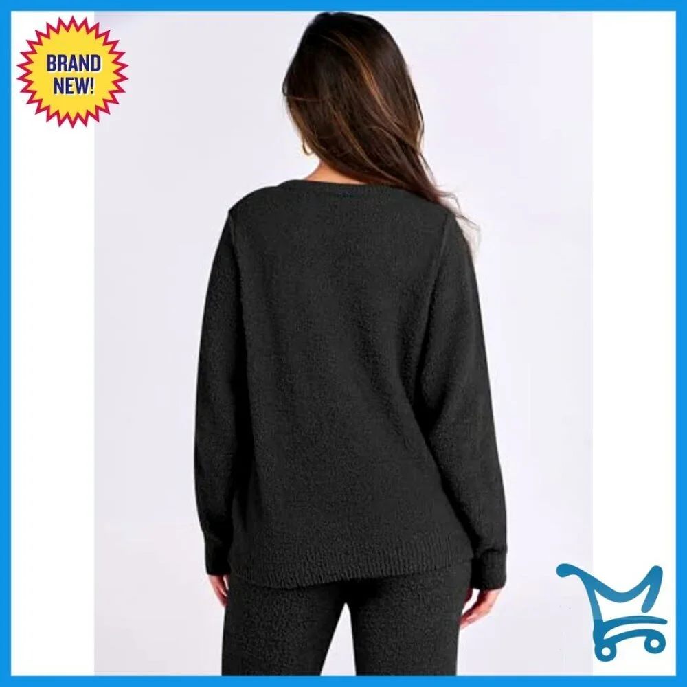 Fuzzy Fleece Pajama Set Loose Fit Lounge Wear Long Sleeve Wide Leg Pants